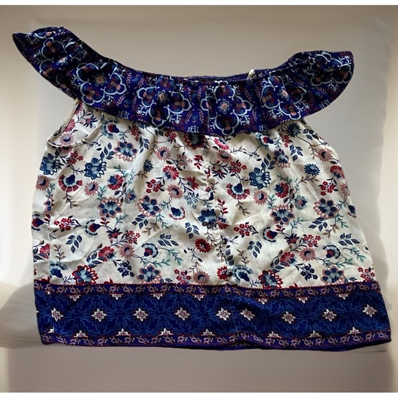 Floral Print Off Shoulder Top Bohemian Style Blue Red White Patterned‎ - Picture 3 of 9